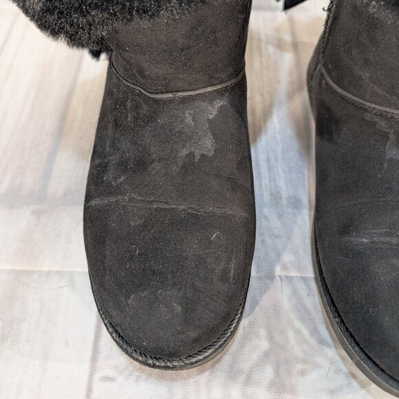 Juicy Couture Black Faux Fur & Suede Moccasin Boots with Logo Ribbon Tie Size 7 - Picture 8 of 9